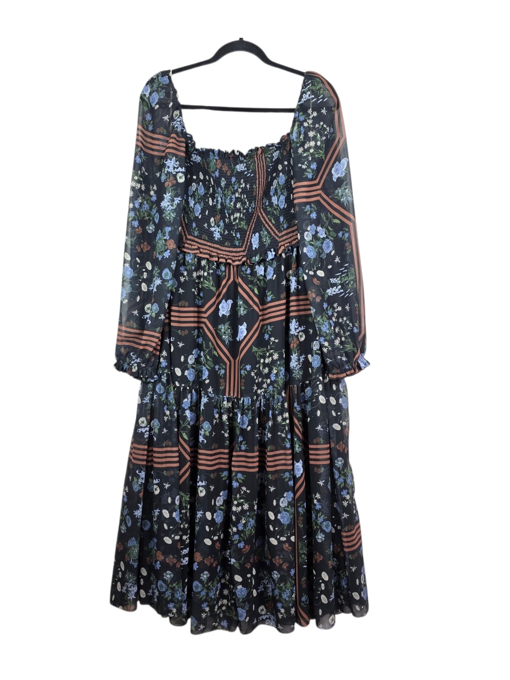 Wilfred Smocking upper Maxi Dress Blue Floral Print and Brown Stripe Accents